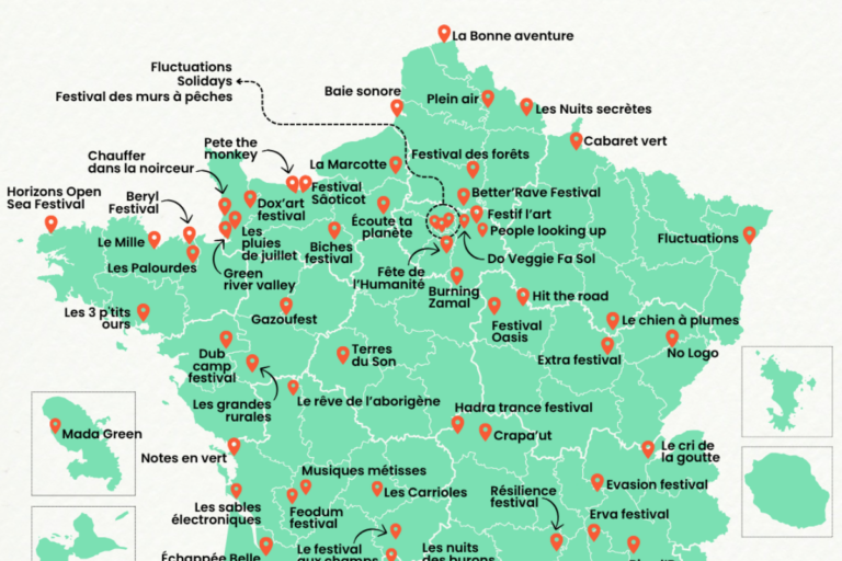 La carte de Vert des festivals de musique écolos et indépendants en 2026